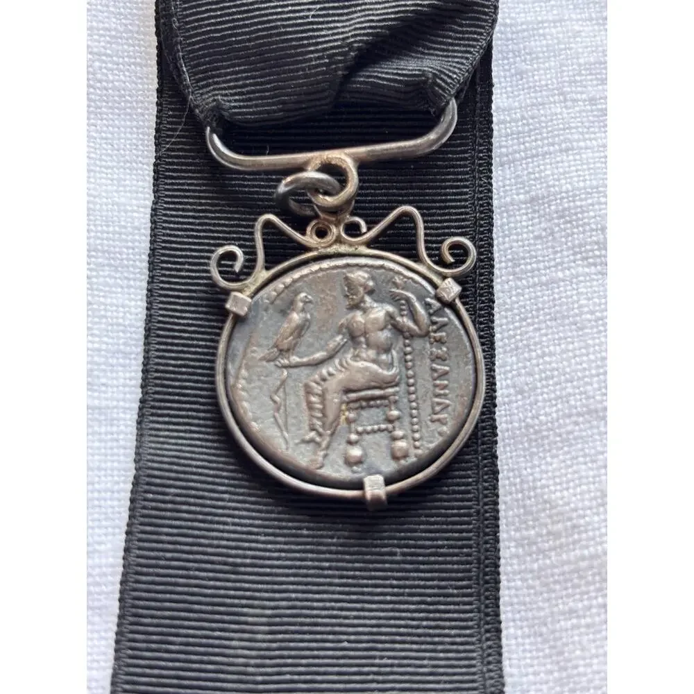 Alexander The Great Coin Fob Ancient Greek Silver Medallion Watch Chain Ribbon